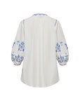 Silk-Cotton Blend Embroidered Three-Quarter Lantern Sleeve Round-Neck Shirt