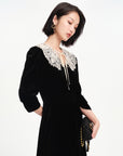 EP YAYING Lace Collar Velvet Knee Length Dress