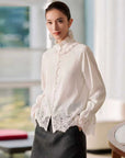 EP YAYING Lace-Splice Gathered High-Neck Blouse EGLIC2133A