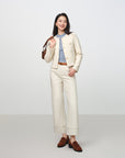 EP YAYING Tweed-Style White Plaid Collarless Jacket