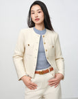 EP YAYING Tweed-Style White Plaid Collarless Jacket