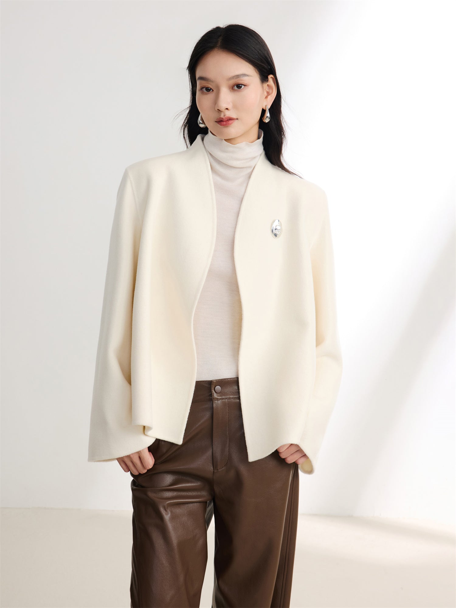 White-on-White Cashmere Cape Double-Faced Wool Short Coat