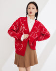 EP YAYING Red Jacquard Knitted Cardigan