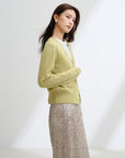EP YAYING Wool Cashmere V-Neck Sequin Knit Cardigan Sweater