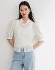 EP YAYING Cotton Lace Openwork Stand Collar Top