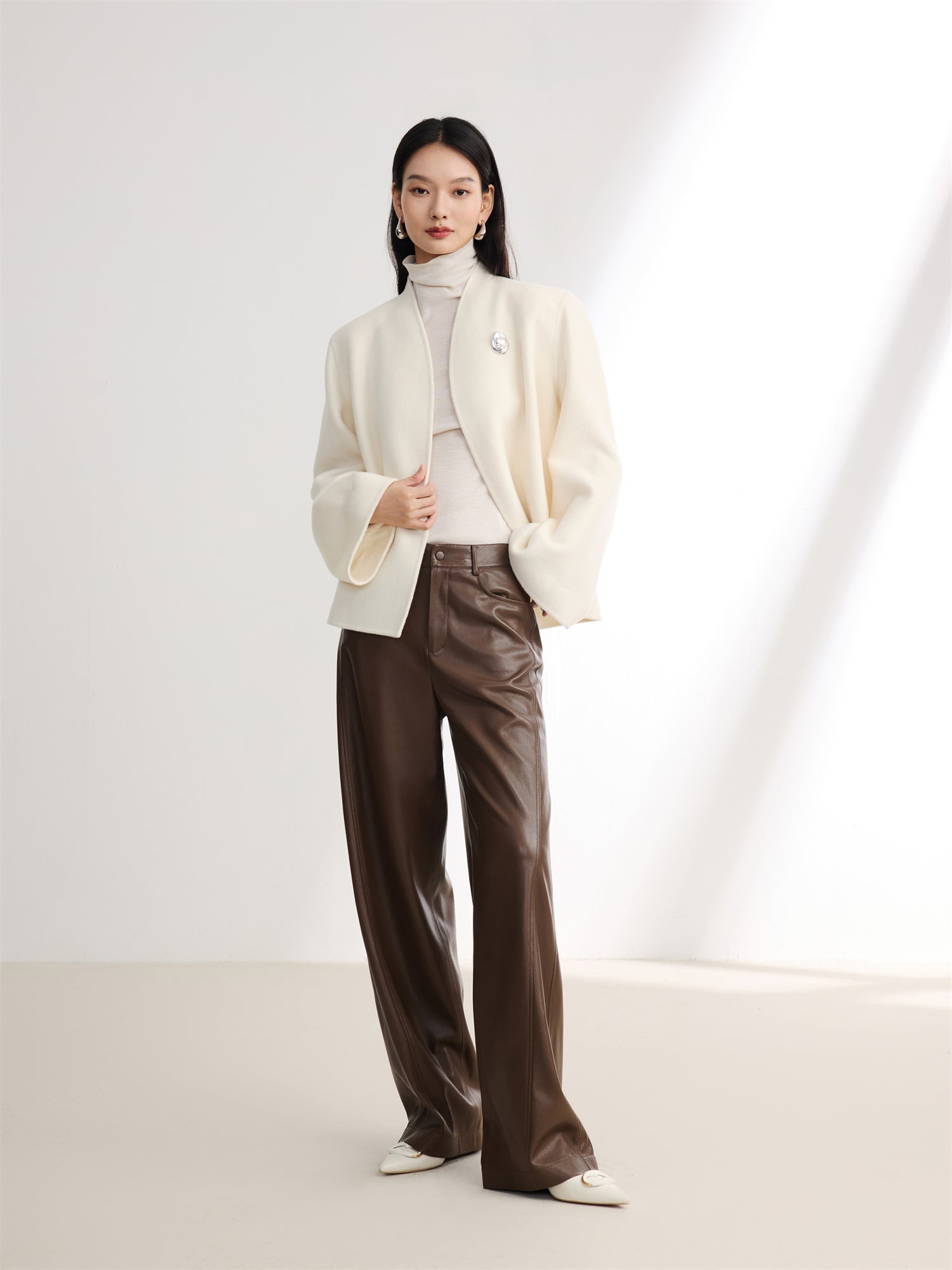 White-on-White Cashmere Cape Double-Faced Wool Short Coat