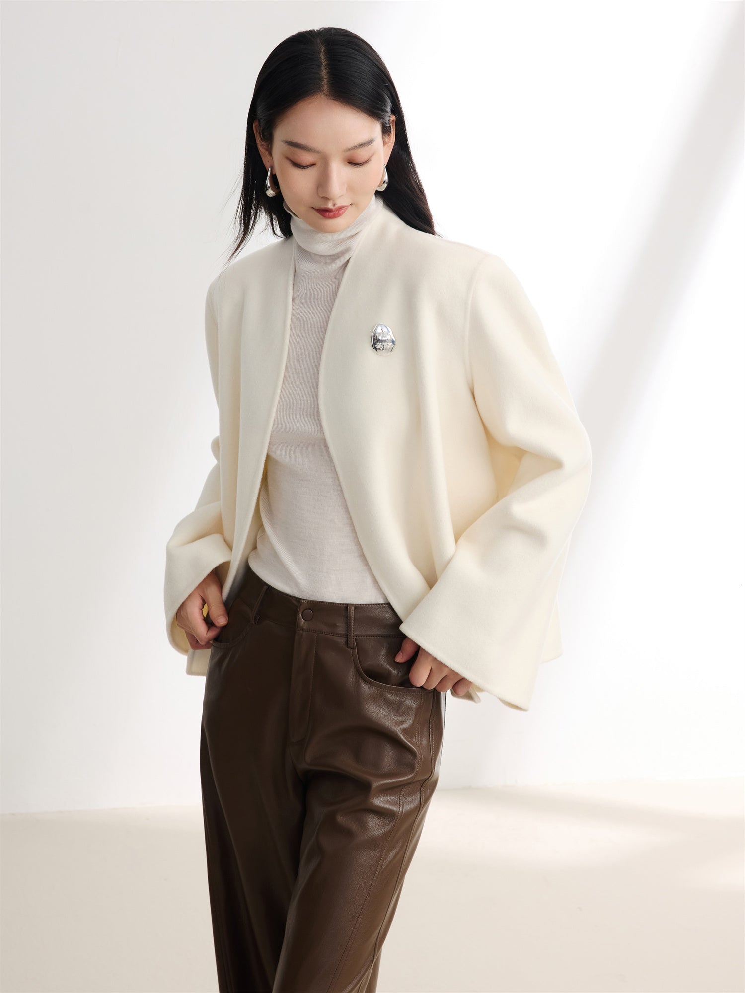 White-on-White Cashmere Cape Double-Faced Wool Short Coat