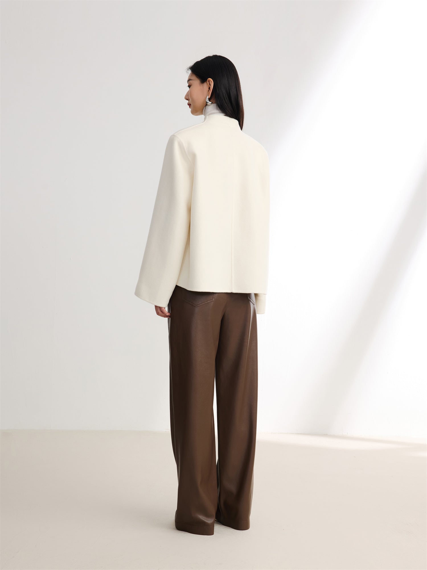 White-on-White Cashmere Cape Double-Faced Wool Short Coat