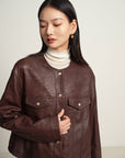 EP YAYING Leather Round Neck Leather Jacket