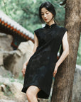 EP YAYING Embroidered Chinese Style Neo-Chinese Black Cheongsam Dress