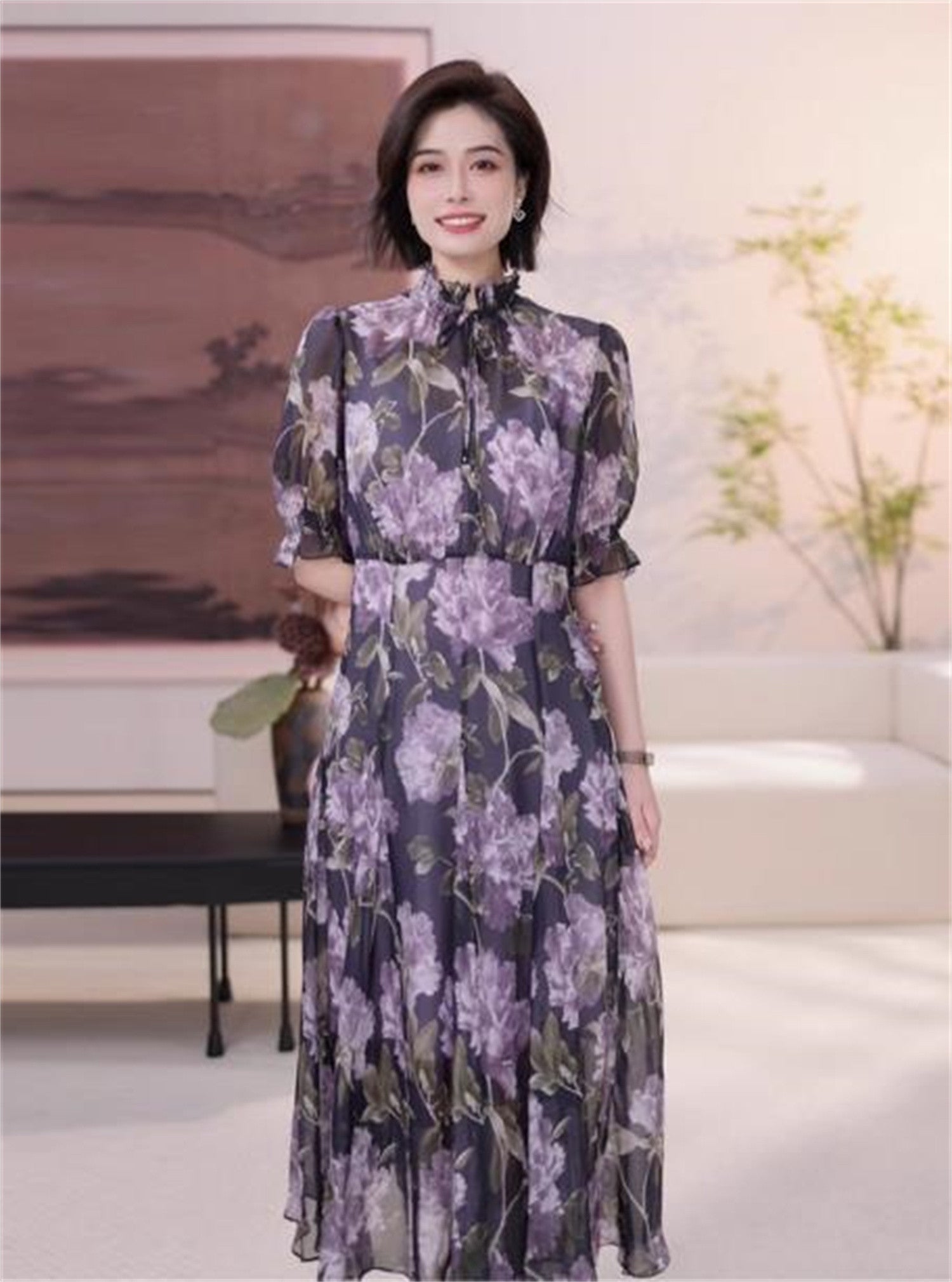 EP YAYING Silk Lantern Sleeve Dress EGKIS4613AP