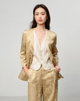 EP YAYING Mulberry Silk Jacquard 3/4 Sleeve Collarless Blazer Jacket