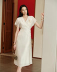 YAYING Elegant Acetate Satin Faux Two-Piece V-Neck Long Sleeve Midi Dress