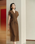 YAYING Elegant Acetate Satin Faux Two-Piece V-Neck Long Sleeve Midi Dress
