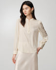 Serene Tone Quality Wardrobe Stretch Mulberry Satin Jacquard Mandarin Collar Silk Top