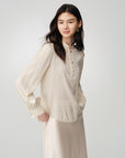 Serene Tone Quality Wardrobe Stretch Mulberry Satin Jacquard Mandarin Collar Silk Top