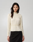 Silk Double-Face Satin Micro-Pleat Mandarin Collar Top