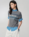 EP YAYING Fair Isle Vintage Jacquard Short-Sleeve Knit Top