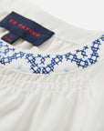 Silk-Cotton Blend Embroidered Three-Quarter Lantern Sleeve Round-Neck Shirt