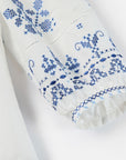 Silk-Cotton Blend Embroidered Three-Quarter Lantern Sleeve Round-Neck Shirt