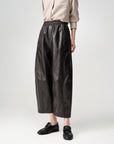 EP YAYING Dark Brown PU Leather Curved Cropped Trousers