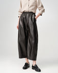 EP YAYING Dark Brown PU Leather Curved Cropped Trousers