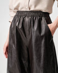 EP YAYING Dark Brown PU Leather Curved Cropped Trousers