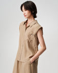 Sandy Mocha Cool Sleeveless Silk Embroidered Collar Sleeveless Top