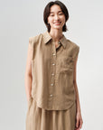 Sandy Mocha Cool Sleeveless Silk Embroidered Collar Sleeveless Top