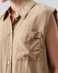 Sandy Mocha Cool Sleeveless Silk Embroidered Collar Sleeveless Top