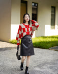 EP YAYING Plaid Short Knitted Cardigan
