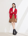 EP YAYING Red Jacquard Knitted Cardigan
