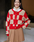 EP YAYING Plaid Short Knitted Cardigan