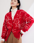 EP YAYING Red Jacquard Knitted Cardigan