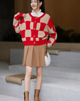 EP YAYING Plaid Short Knitted Cardigan
