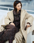 EP YAYING Long Hooded Belted Goose Down Coat
