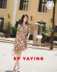 EP YAYING V-Neck Floral Print Puff-Sleeve Silk