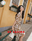 EP YAYING V-Neck Floral Print Puff-Sleeve Silk