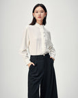 EP YAYING White Ruffle Stand Collar Wool Blouse