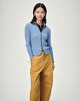 EP YAYING Colorblock Zip-Up Ribbed Stand Collar Cardigan