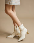 EP YAYING Stretch Lambskin Spliced Pointed Toe High-Heeled Ankle Boots