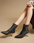 EP YAYING Stretch Lambskin Spliced Pointed Toe High-Heeled Ankle Boots