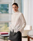EP YAYING Lace-Splice Gathered High-Neck Blouse EGLIC2133A