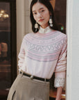 EP YAYING Folk Jacquard Pink Wool Sweater EGLAW9552A