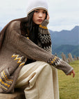 EP YAYING Relaxed‑Fit V‑Neck Jacquard Knit Cardigan in Wool‑Yak‑Wool Blend