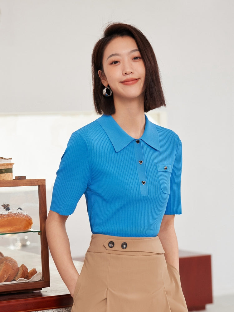 EP YAYING Blue Collar Neck Knit Sweater