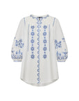 Silk-Cotton Blend Embroidered Three-Quarter Lantern Sleeve Round-Neck Shirt