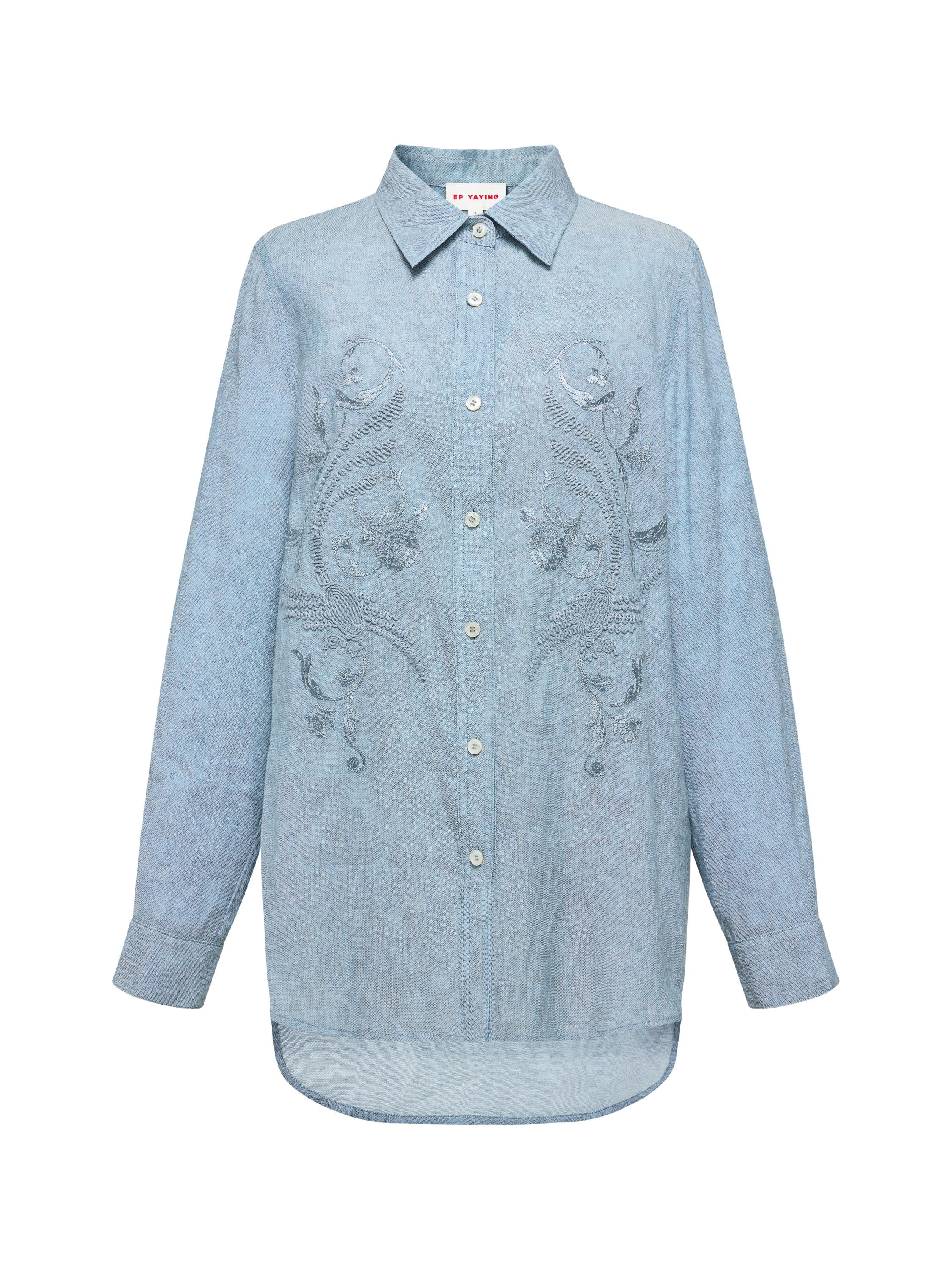 EP YAYING Linen Blend Relaxed Fit Embroidered Shirt