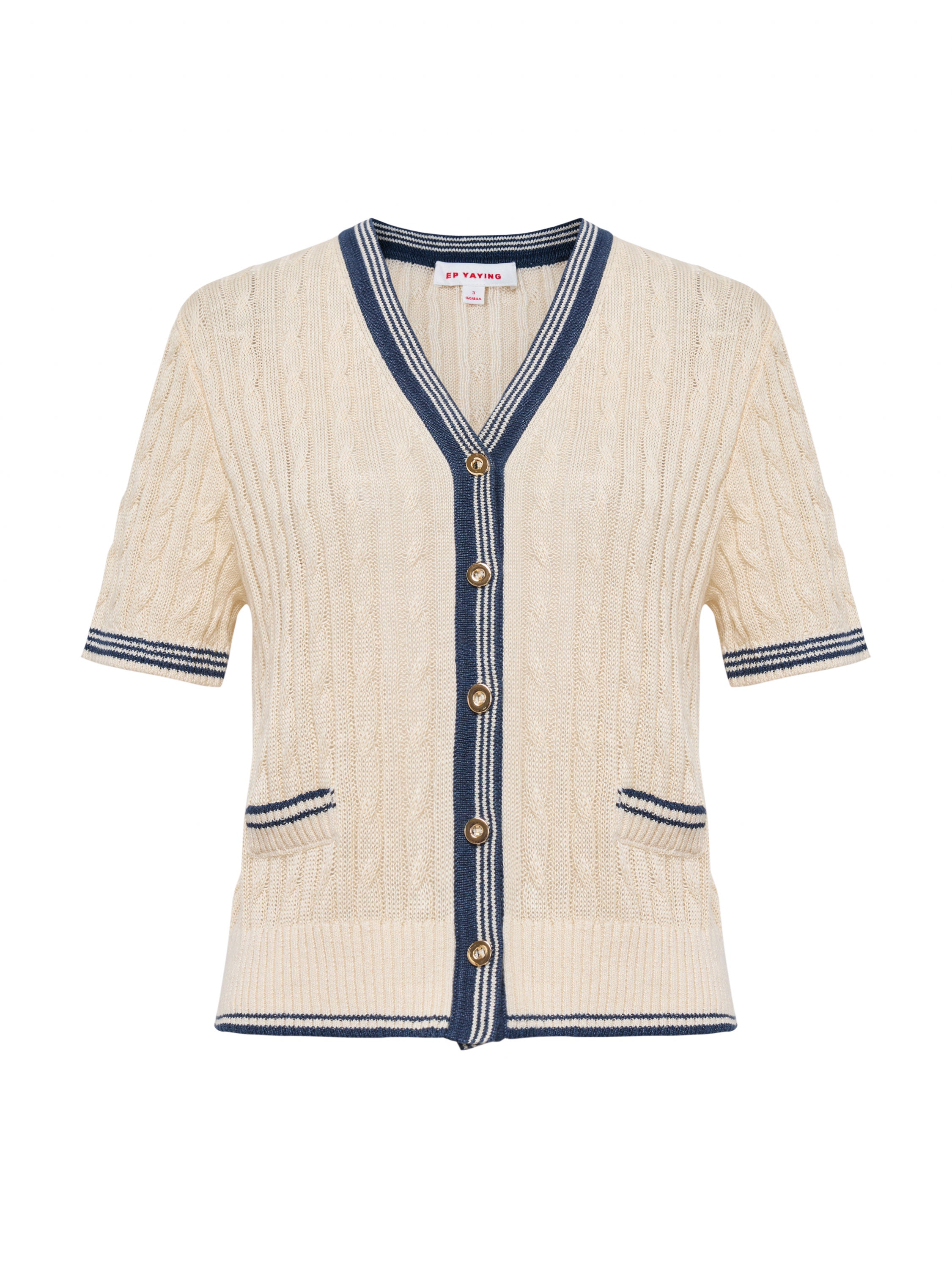 EP YAYING Elegant Linen Contrast V-Neck Cardigan