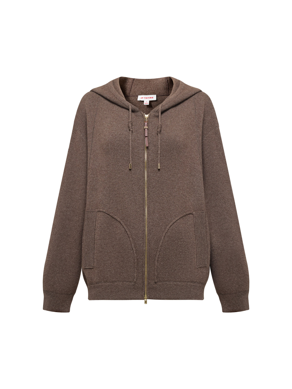 EP YAYING Brown Zip Cashmere Hooded Knit Jacket